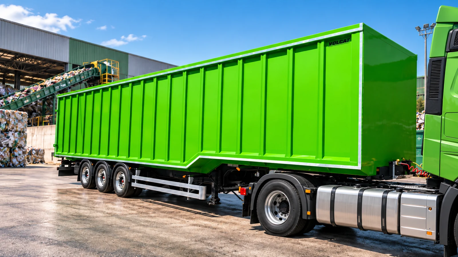 Semirremolque basculante verde para reciclaje y chatarra en una planta de tratamiento